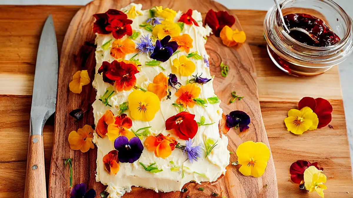 Savory whipped butter board with edible flowers