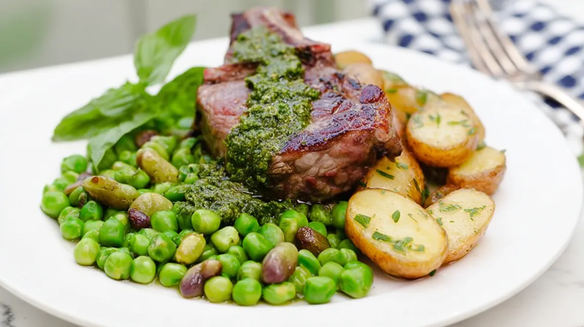 Sheet pan roasted lamb with spring peas
