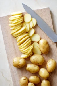 Slice baby potatoes without cutting all the way through
