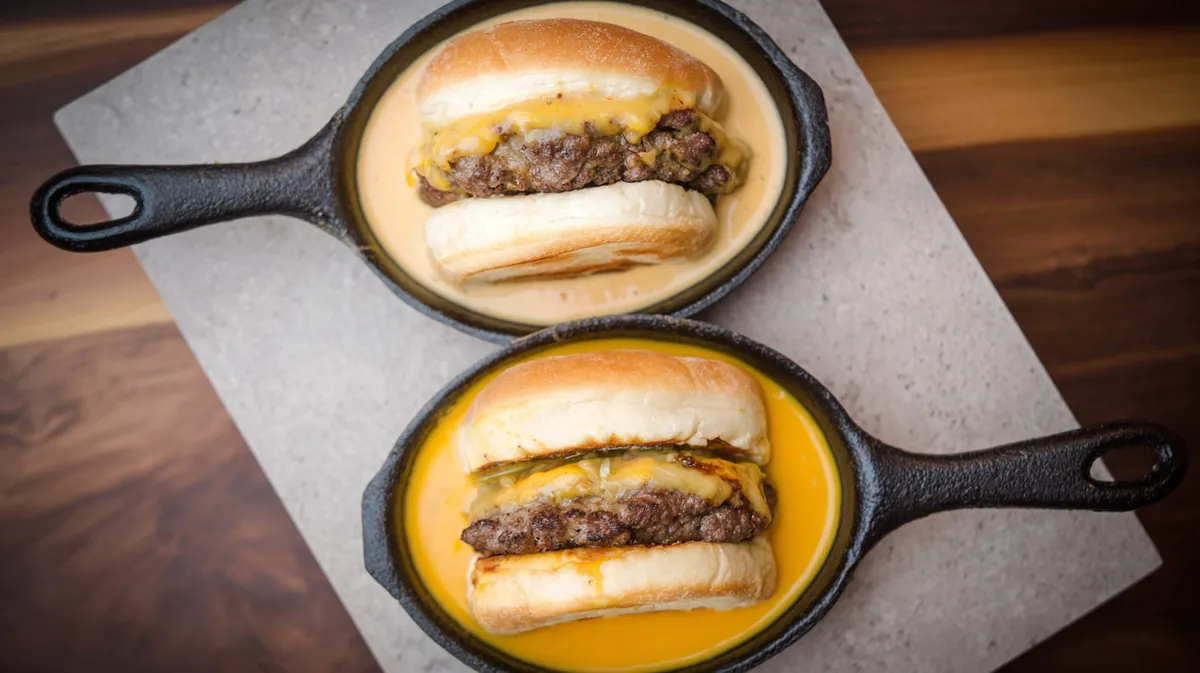 Spicy Sizzling Skillet Queso Burgers