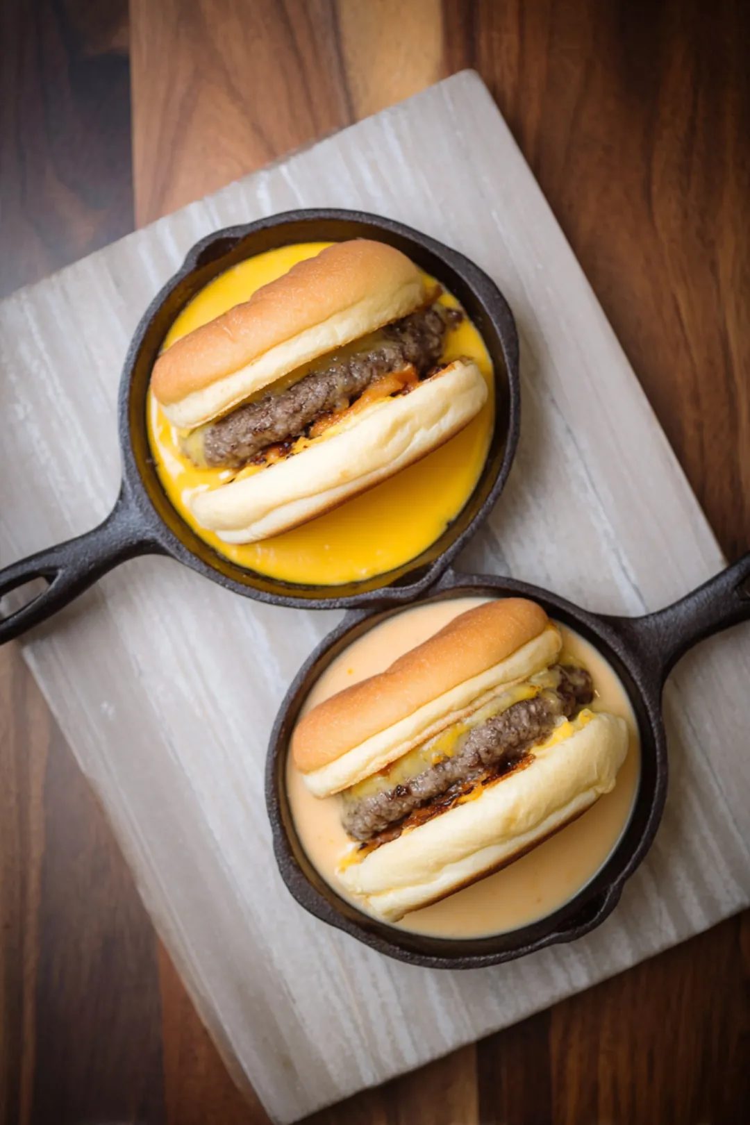 spicy sizzling skillet queso burgers