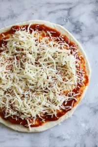 Spread pizza sauce evenly over tortillas and top with shredded mozzarella cheese and toppings