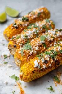 Spread Tajin sauce over corn and sprinkle with cotija cheese and cilantro