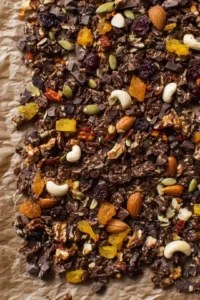 Spread the mixture onto a parchment-lined baking sheet and top with nuts and dried fruit as desired.
