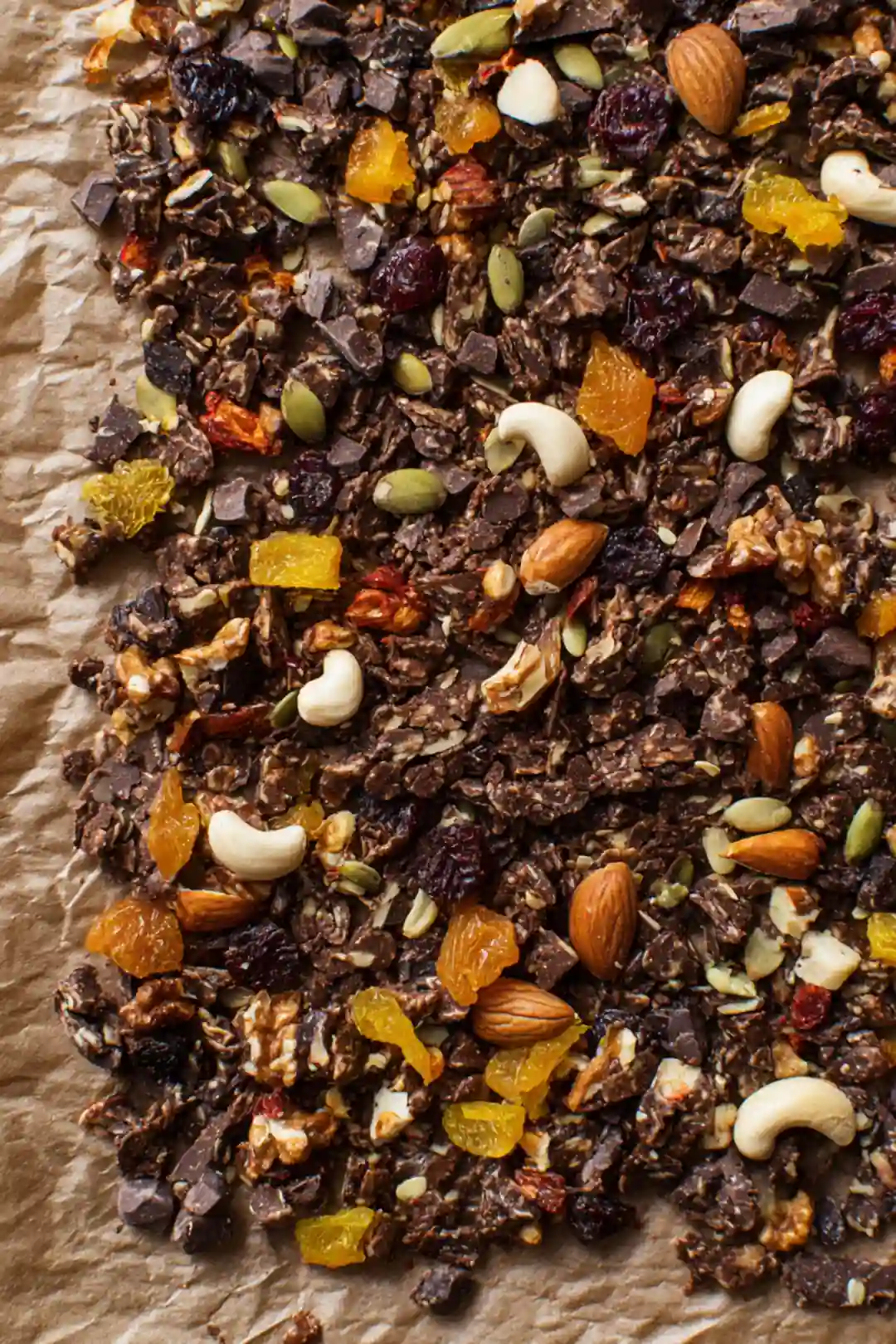 Spread the mixture onto a parchment-lined baking sheet and top with nuts and dried fruit as desired.