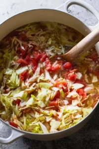 Stir in the shredded cabbage, diced tomatoes, broth, and seasonings, bring to a boil, then reduce heat and simmer for 30 minutes