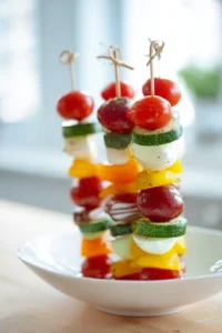 Thread marinated vegetables on skewers alternating colors for a lovely presentation