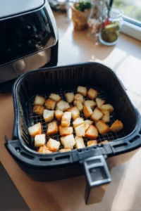 Toss bread cubes in the egg mixture and place in air fryer