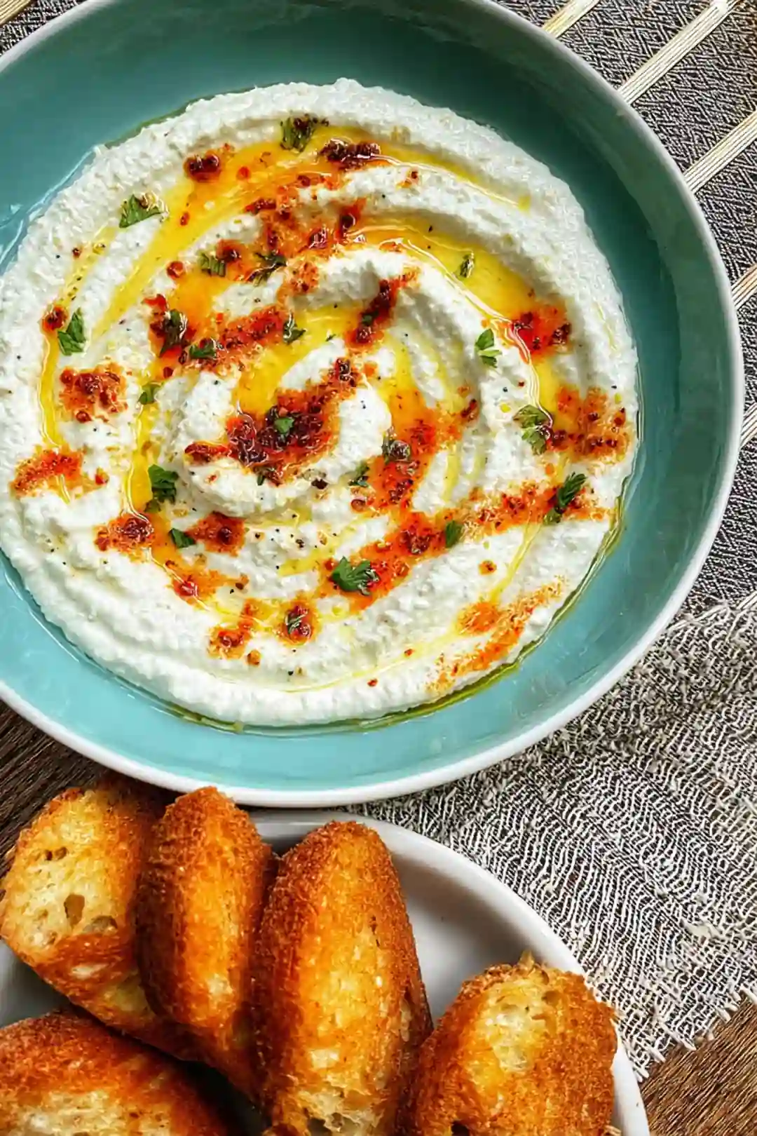 Whipped feta and hot honey open grab board