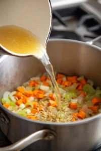 Add chicken broth and orzo pasta to the pot