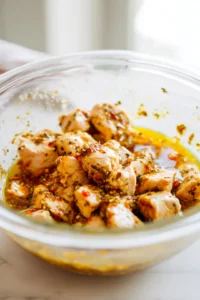 Add chicken cubes to marinade and mix well to coat
