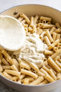 Add cooked pasta to cheese sauce and stir until fully coated