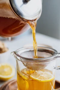 Add honey and lemon juice to the strained tea and serve over ice