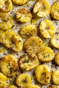 Arrange smashed potatoes on a baking sheet, drizzle with olive oil, and season with salt and pepper before baking until crispy and golden brown