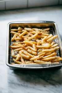 Bake fries in the oven until golden brown and crispy
