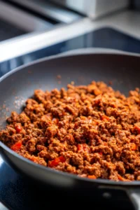 Brown the ground beef and season it with taco seasoning