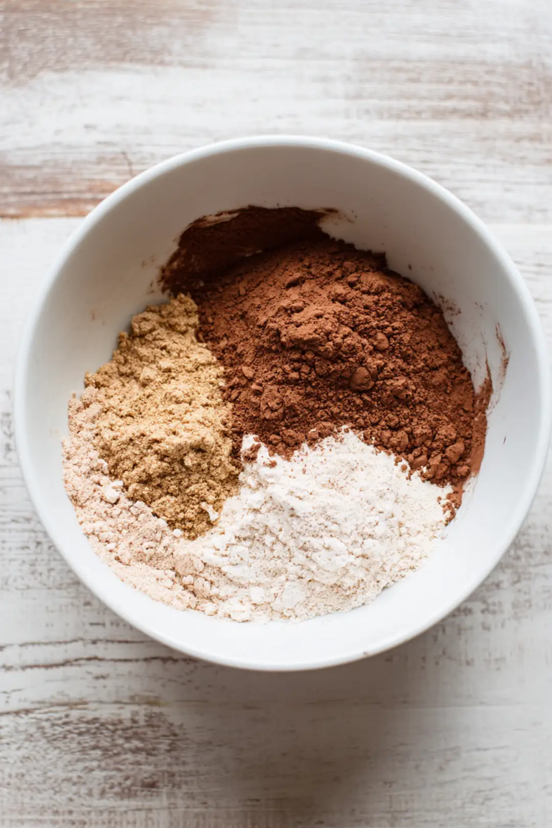 Combine cassava flour, cocoa powder, and sweetener in a large mixing bowl