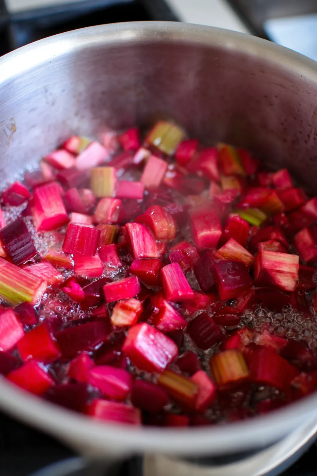 Combine chopped rhubarb and diced beetroot in a saucepan with water