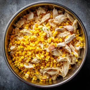Combine cooked rotisserie chicken and fresh corn kernels in a large mixing bowl
