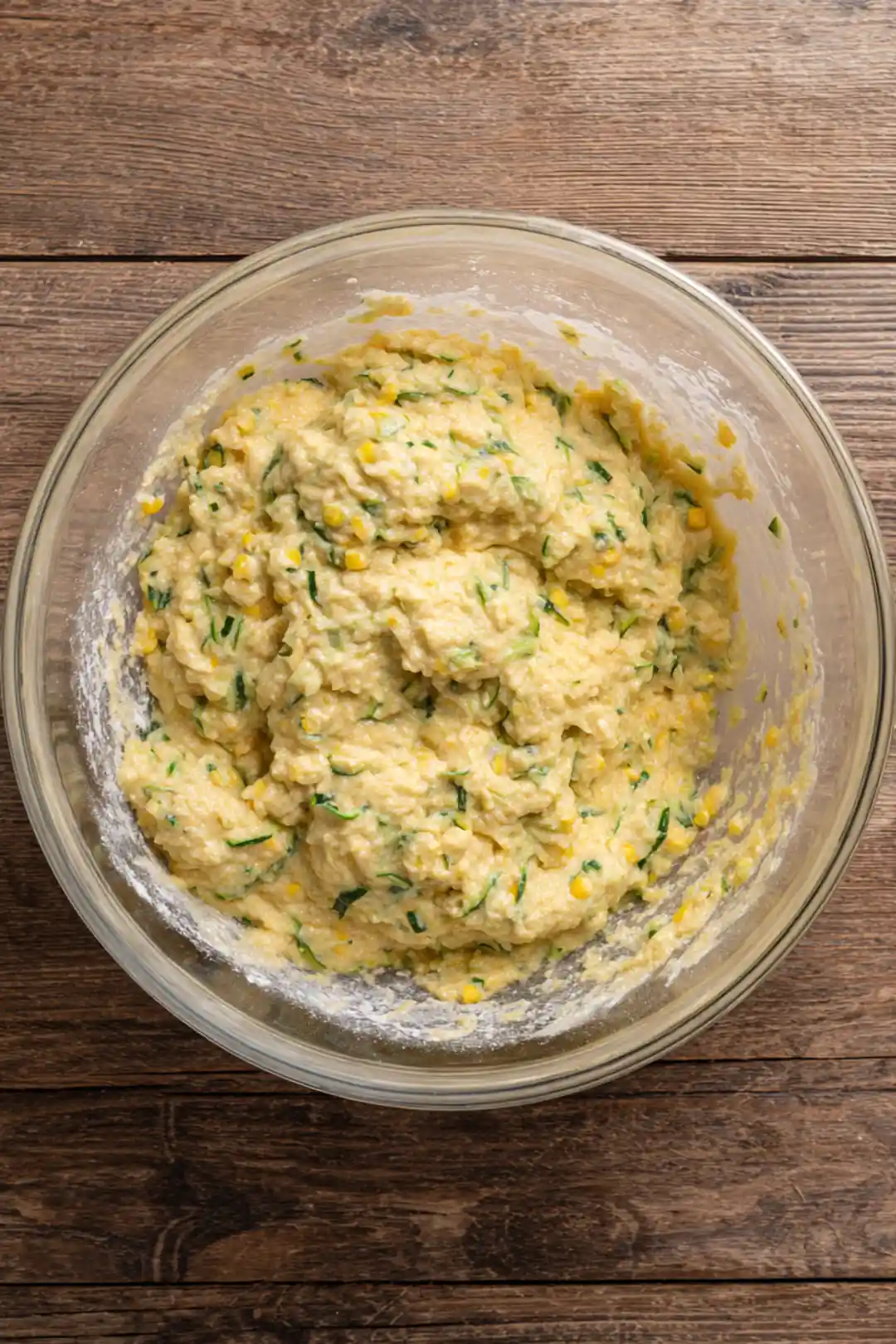 Combine grated zucchini, corn, flour, egg, baking powder, salt, and pepper in a large mixing bowl and mix well