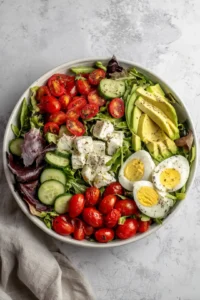 Combine mixed salad greens, cherry tomatoes, cucumber, and avocado for your Cobb salad base