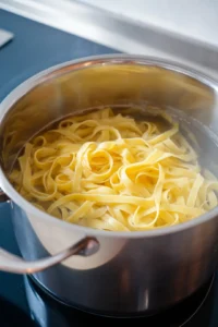Cook fettuccine until al dente and drain