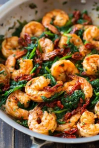 Cook shrimp with sun-dried tomatoes and spinach in a skillet