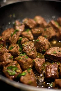 Cook steak bites until browned and serve hot with sauce or herbs