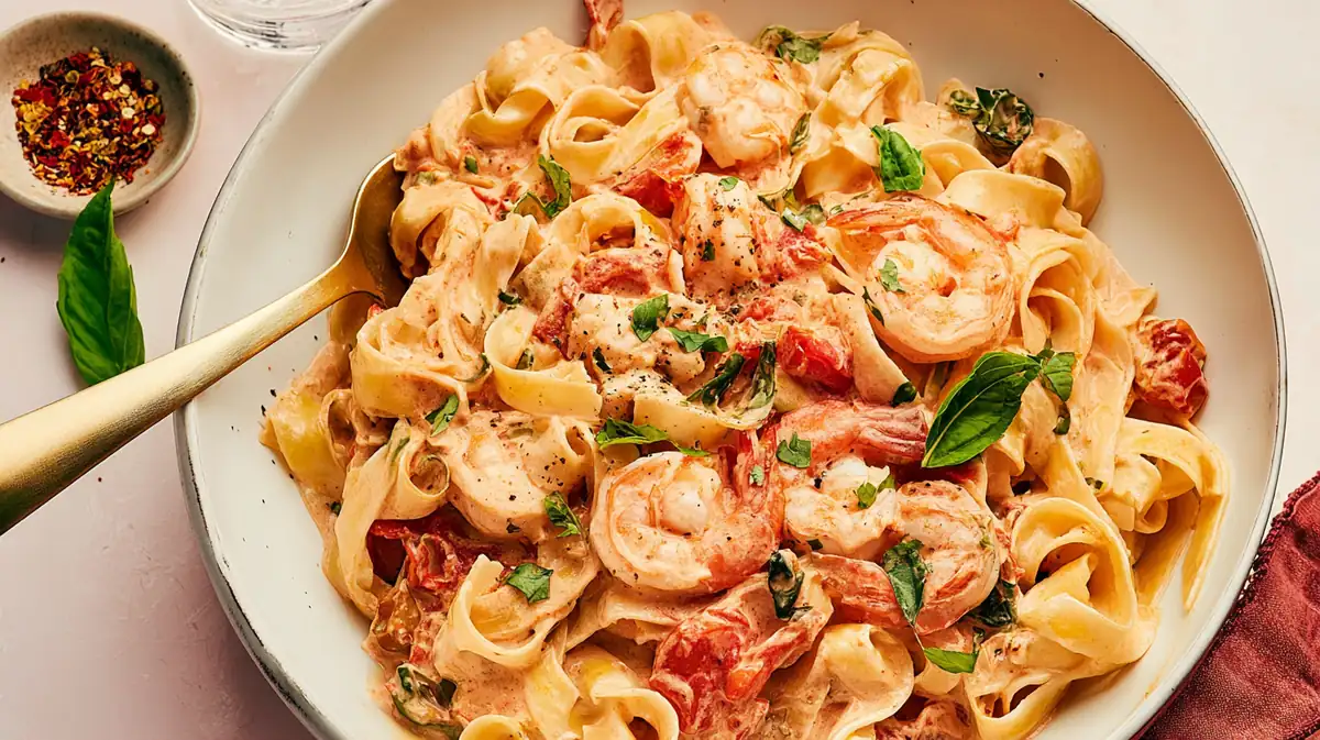 Creamy shrimp tuscan fettuccine