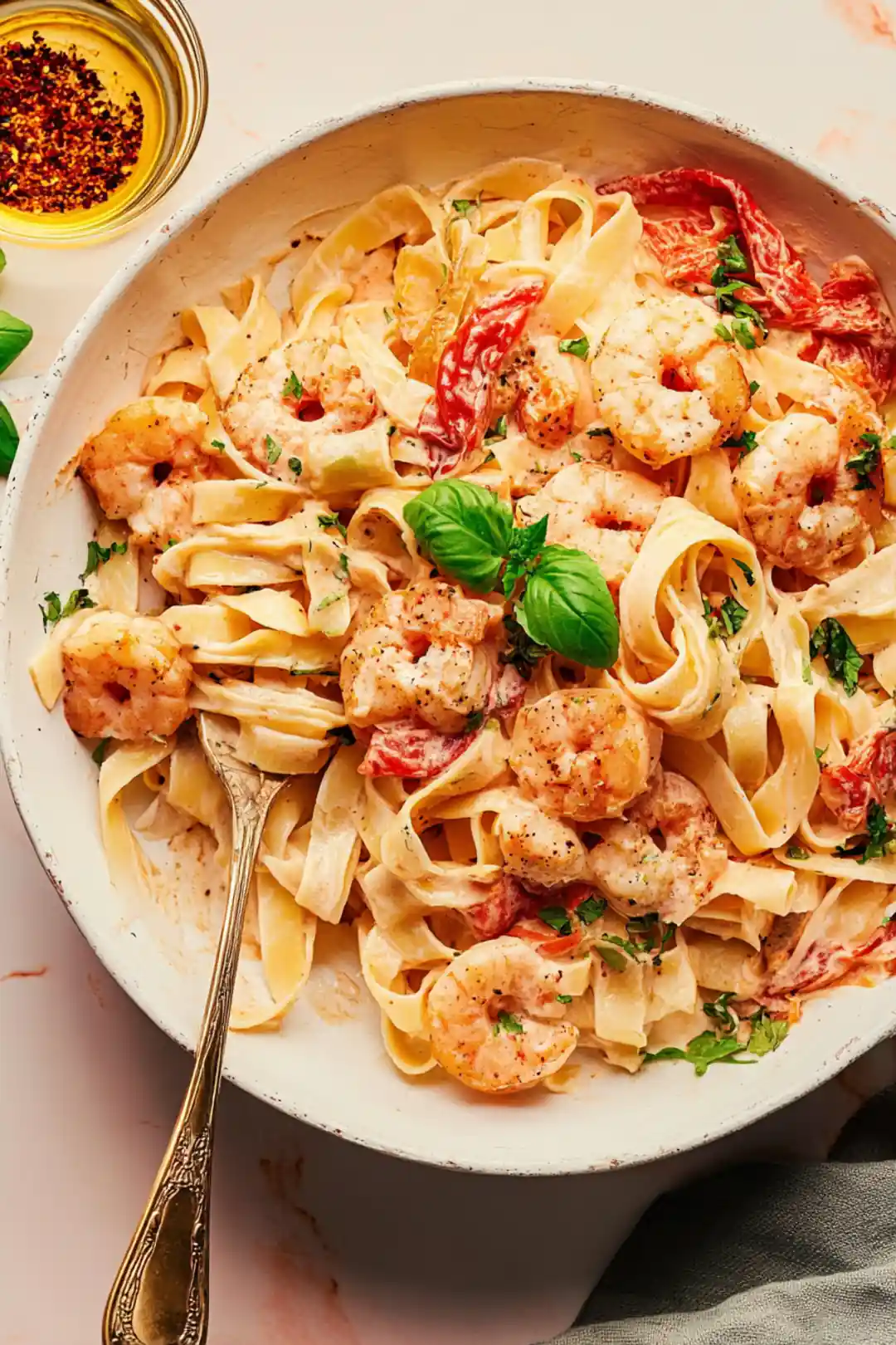 Creamy shrimp tuscan fettuccine
