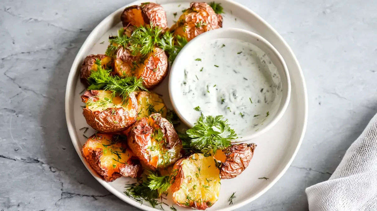 Crispy Smashed Jersey Royal Potatoes with Kefir Dip