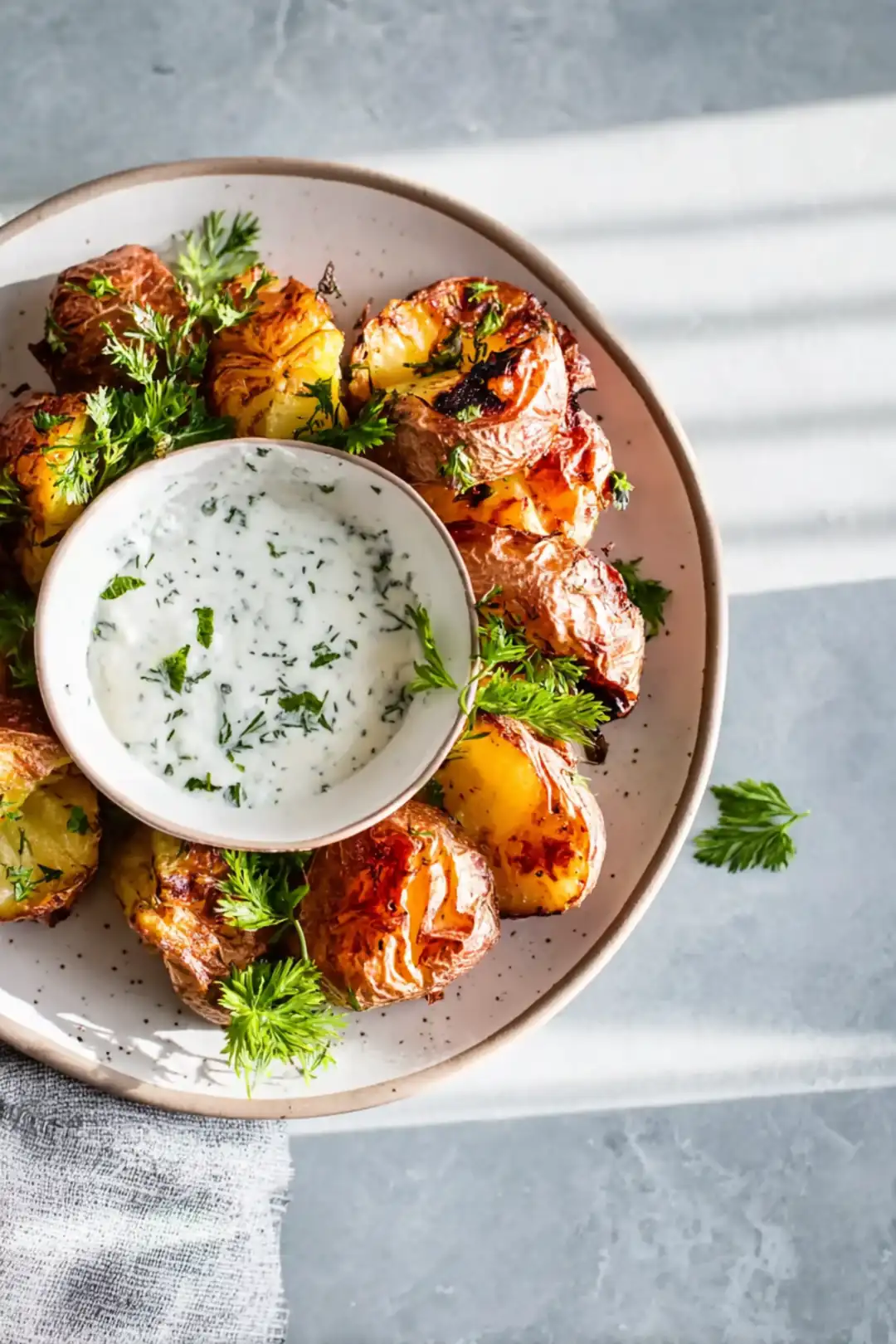 Crispy smashed jersey royal potatoes with kefir dip