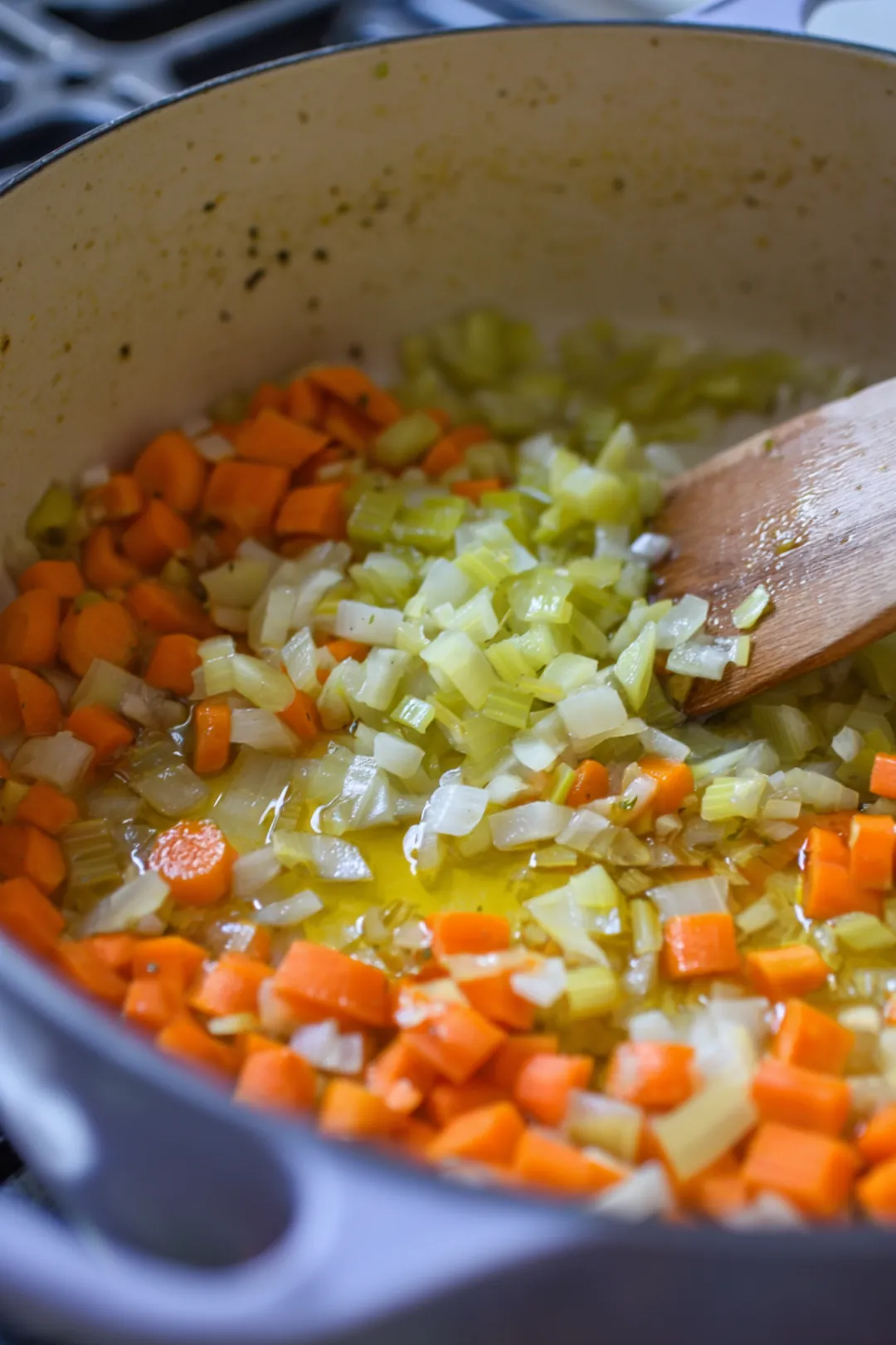 Heat olive oil and sauté onion, garlic, carrots, and celery