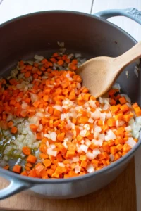 Heat olive oil in a large pot and sauté onion until translucent, then add garlic and carrots