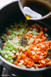 Heat olive oil in a large pot and sauté vegetables until tender