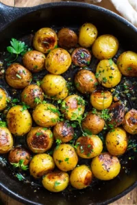 Heat the olive oil in a skillet and cook the baby potatoes until golden brown and fork-tender