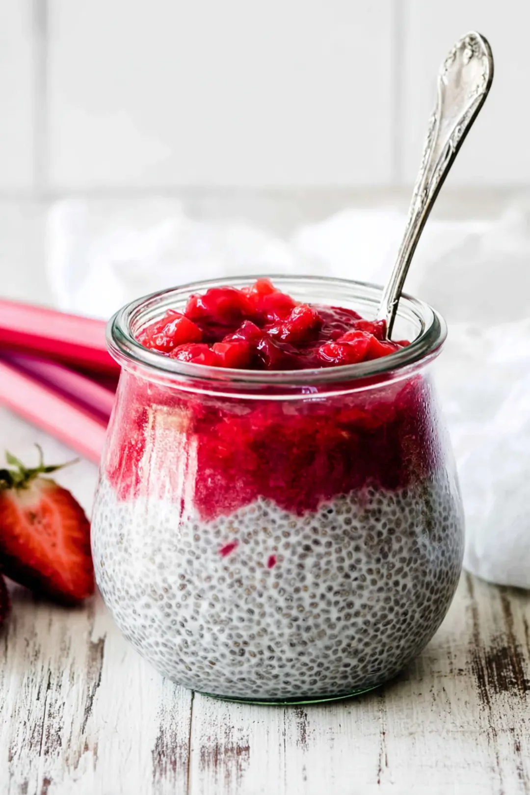 high-fiber chia seed pudding with fresh rhubarb