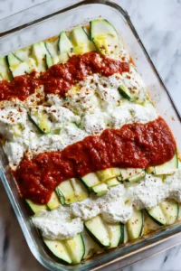Layer half of the sliced zucchini on the bottom of the baking dish. Spread half of the ricotta cheese over the zucchini, then pour half of the marinara sauce on top.