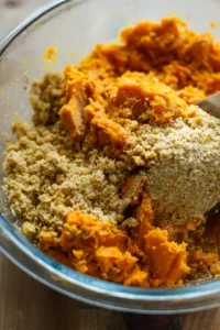 Mash cooked sweet potatoes and lentils together, then mix with bread crumbs, egg, and spices
