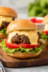 Place each burger patty on a bun and top with queso dip, lettuce, and tomato