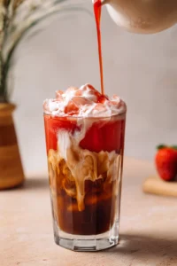 Pour strawberry cold foam over iced espresso