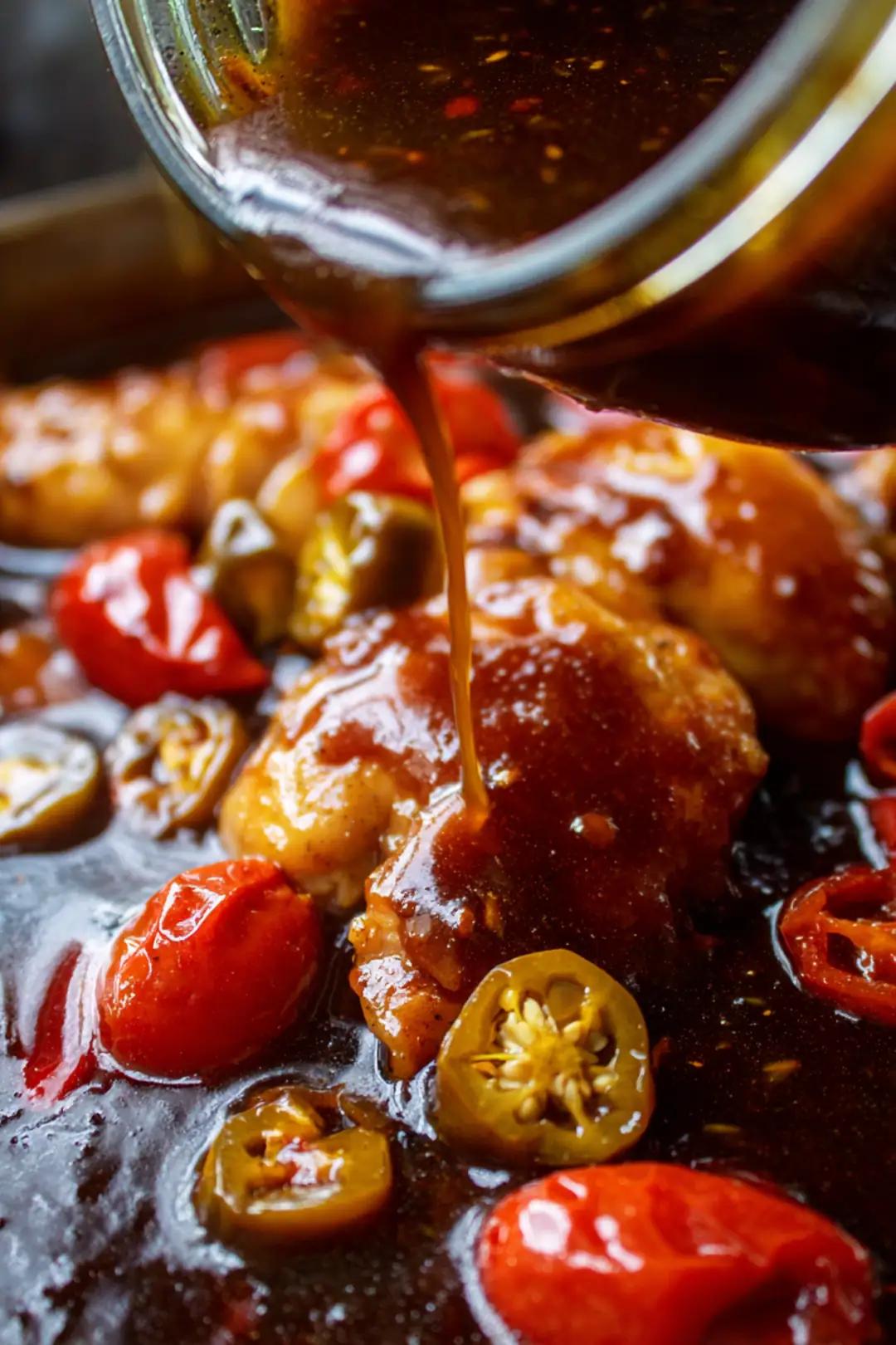 Pour the au jus gravy over the chicken and add the peperoncini peppers along with some of the juice from the jar.