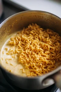 Pour the creamy sauce over the hot noodles and mix well, then serve topped with a poached egg, green onions, and a drizzle of sesame oil.