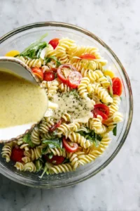 Pour the dressing over the pasta salad and toss gently to combine