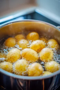 Preheat oven and boil Jersey Royal potatoes