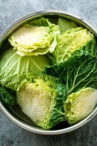 Prepare cabbage leaves by removing the core and blanching in boiling water