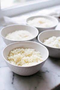 Prepare the base by adding cooked rice to each bowl.