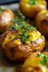 Roast potatoes until crispy and fluffy, adding fresh herbs last 10 minutes