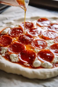 Roll out dough and add toppings to pizza