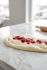 Roll out the dough into a rectangle, spread cream cheese and raspberry jam, then roll tightly and slice into rolls